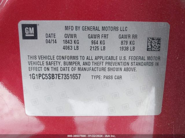 Photo 8 VIN: 1G1PC5SB7E7351657 - CHEVROLET CRUZE 