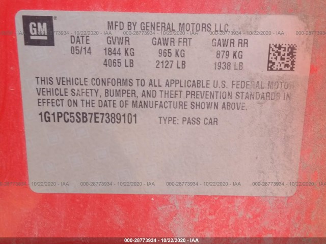 Photo 8 VIN: 1G1PC5SB7E7389101 - CHEVROLET CRUZE 