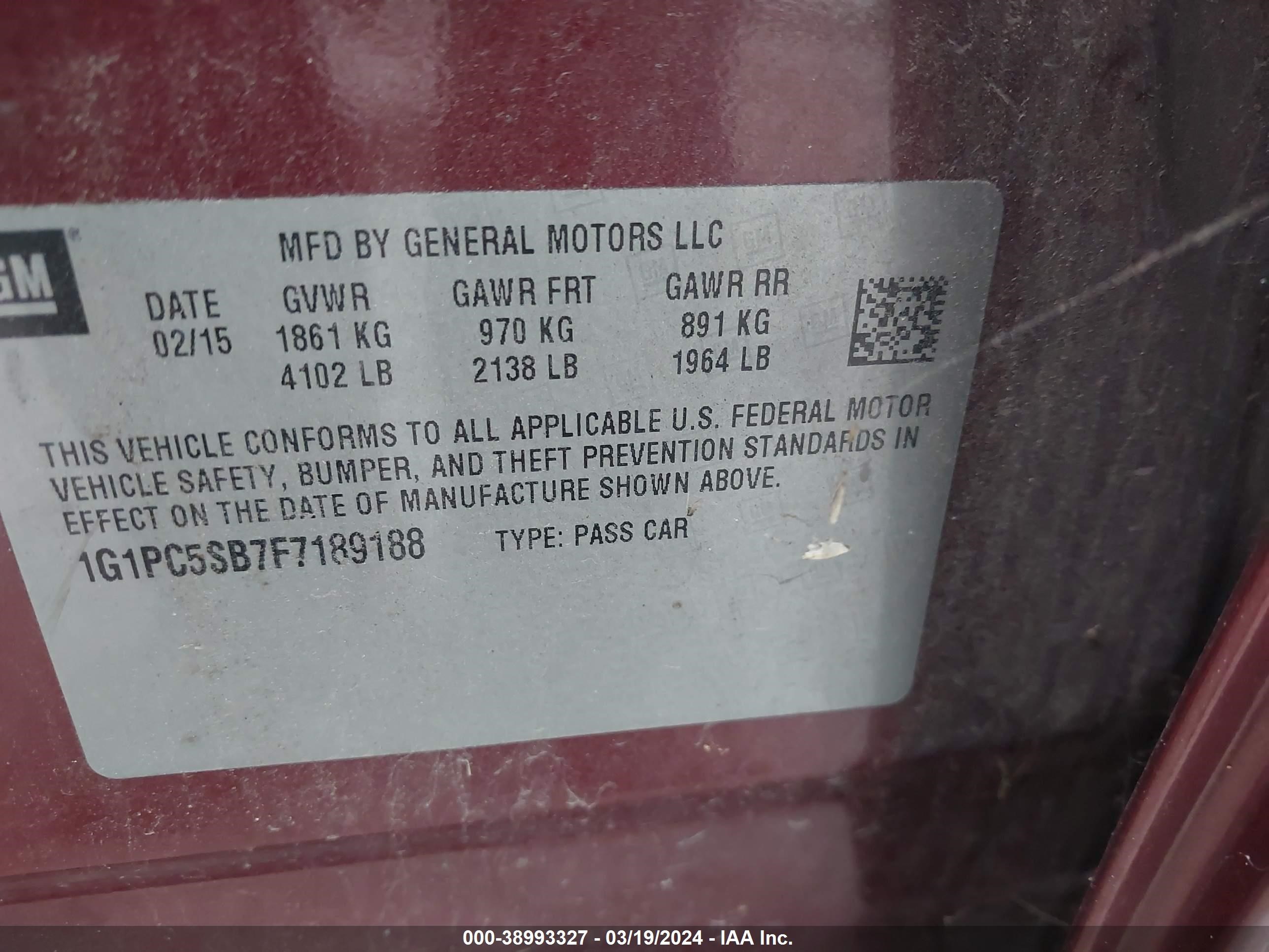 Photo 8 VIN: 1G1PC5SB7F7189188 - CHEVROLET CRUZE 