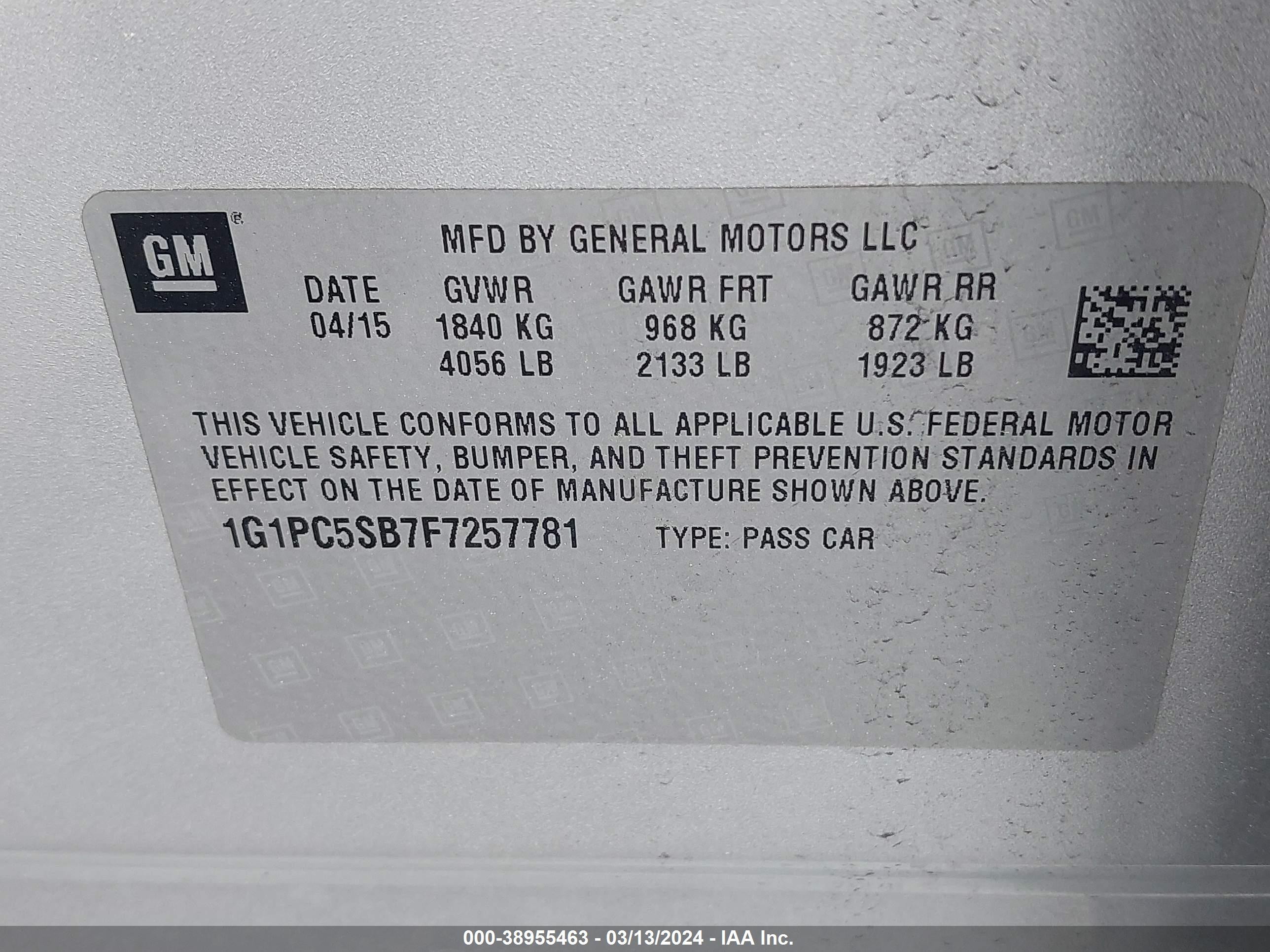 Photo 8 VIN: 1G1PC5SB7F7257781 - CHEVROLET CRUZE 