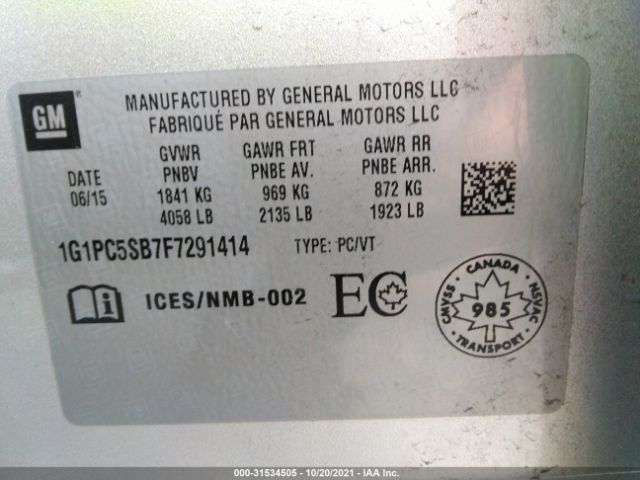 Photo 8 VIN: 1G1PC5SB7F7291414 - CHEVROLET CRUZE 