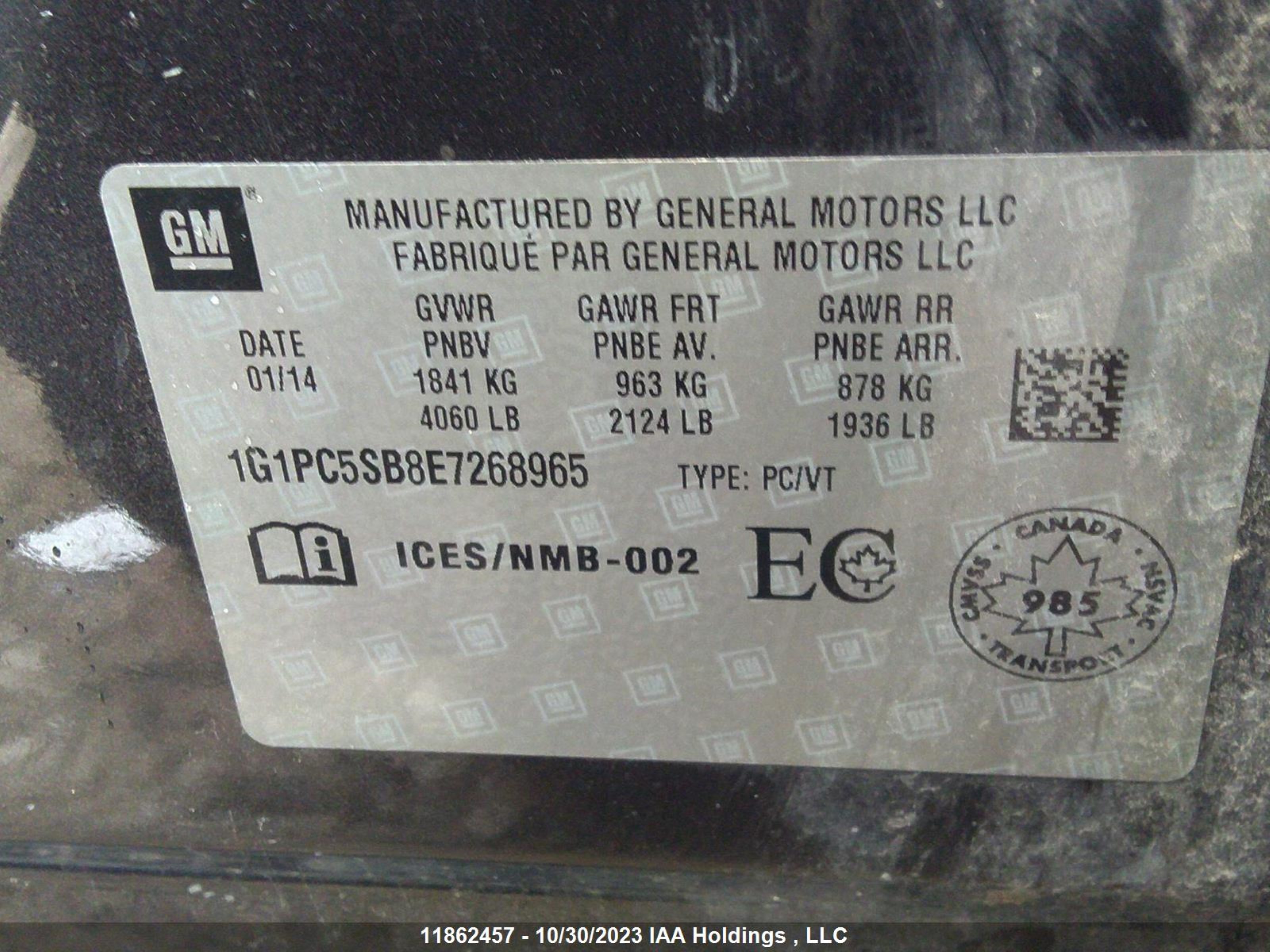 Photo 8 VIN: 1G1PC5SB8E7268965 - CHEVROLET CRUZE 