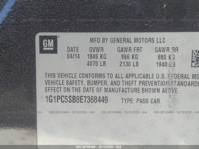 Photo 8 VIN: 1G1PC5SB8E7368449 - CHEVROLET CRUZE 