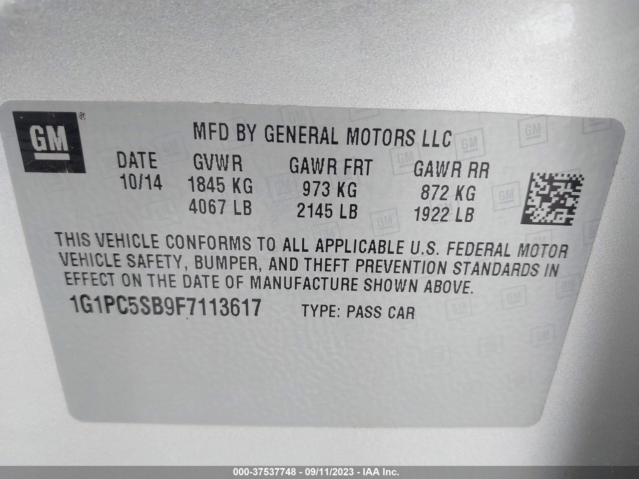 Photo 8 VIN: 1G1PC5SB9F7113617 - CHEVROLET CRUZE 