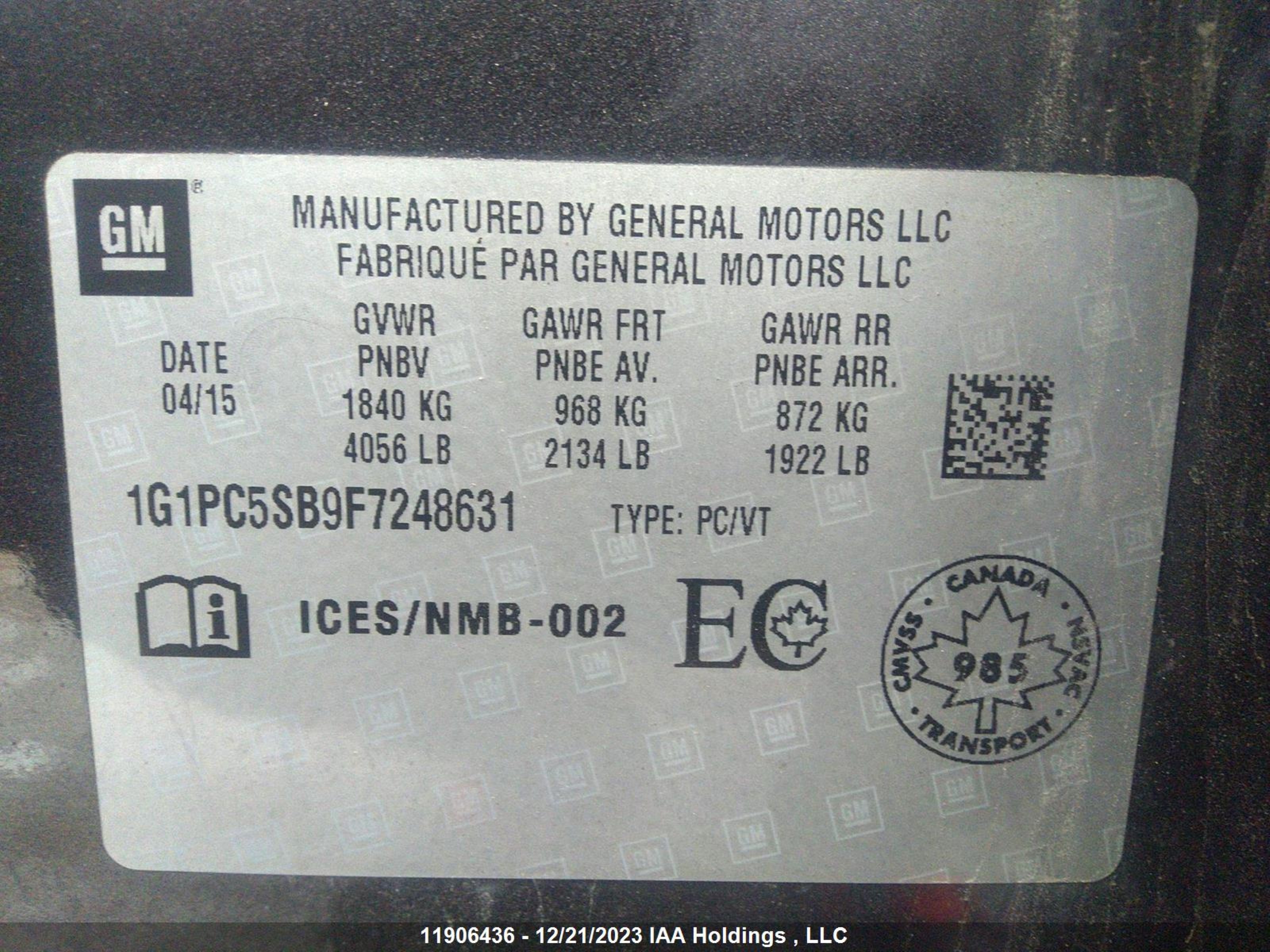 Photo 8 VIN: 1G1PC5SB9F7248631 - CHEVROLET CRUZE 