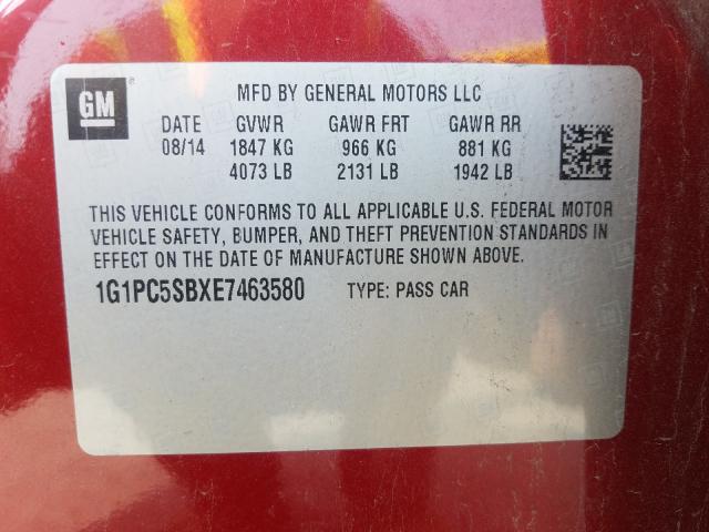 Photo 9 VIN: 1G1PC5SBXE7463580 - CHEVROLET CRUZE LT 