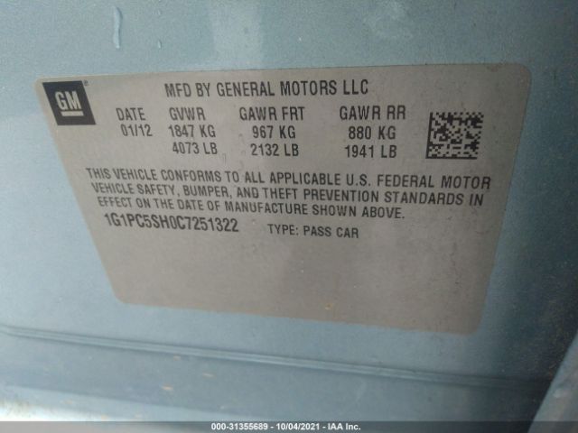 Photo 8 VIN: 1G1PC5SH0C7251322 - CHEVROLET CRUZE 