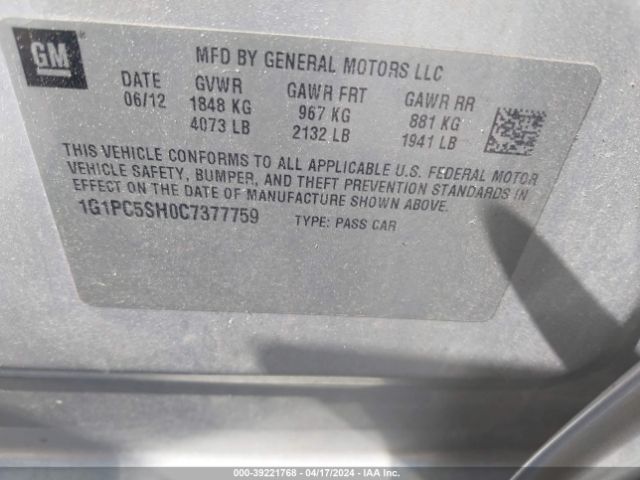 Photo 8 VIN: 1G1PC5SH0C7377759 - CHEVROLET CRUZE 