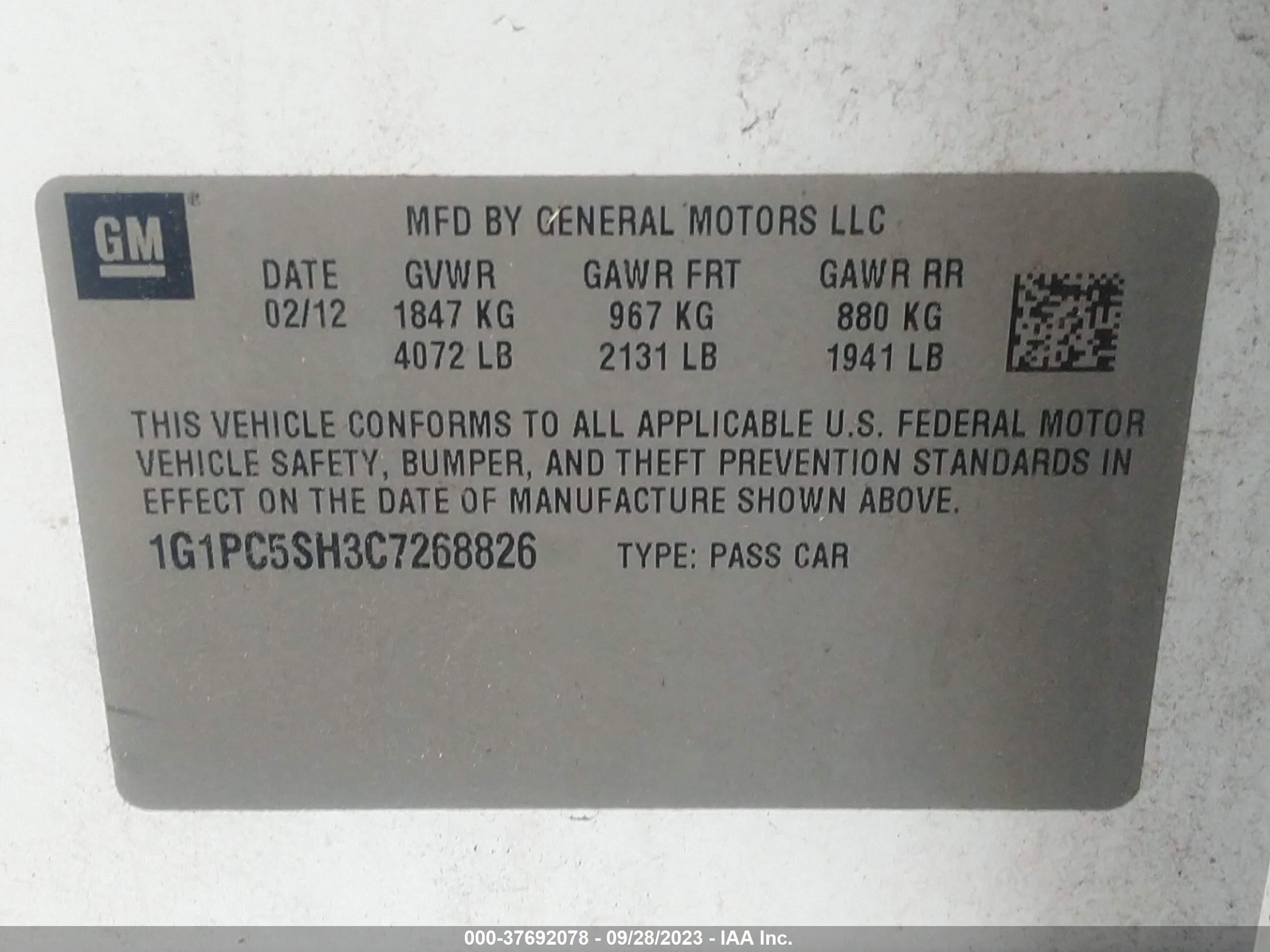 Photo 8 VIN: 1G1PC5SH3C7268826 - CHEVROLET CRUZE 