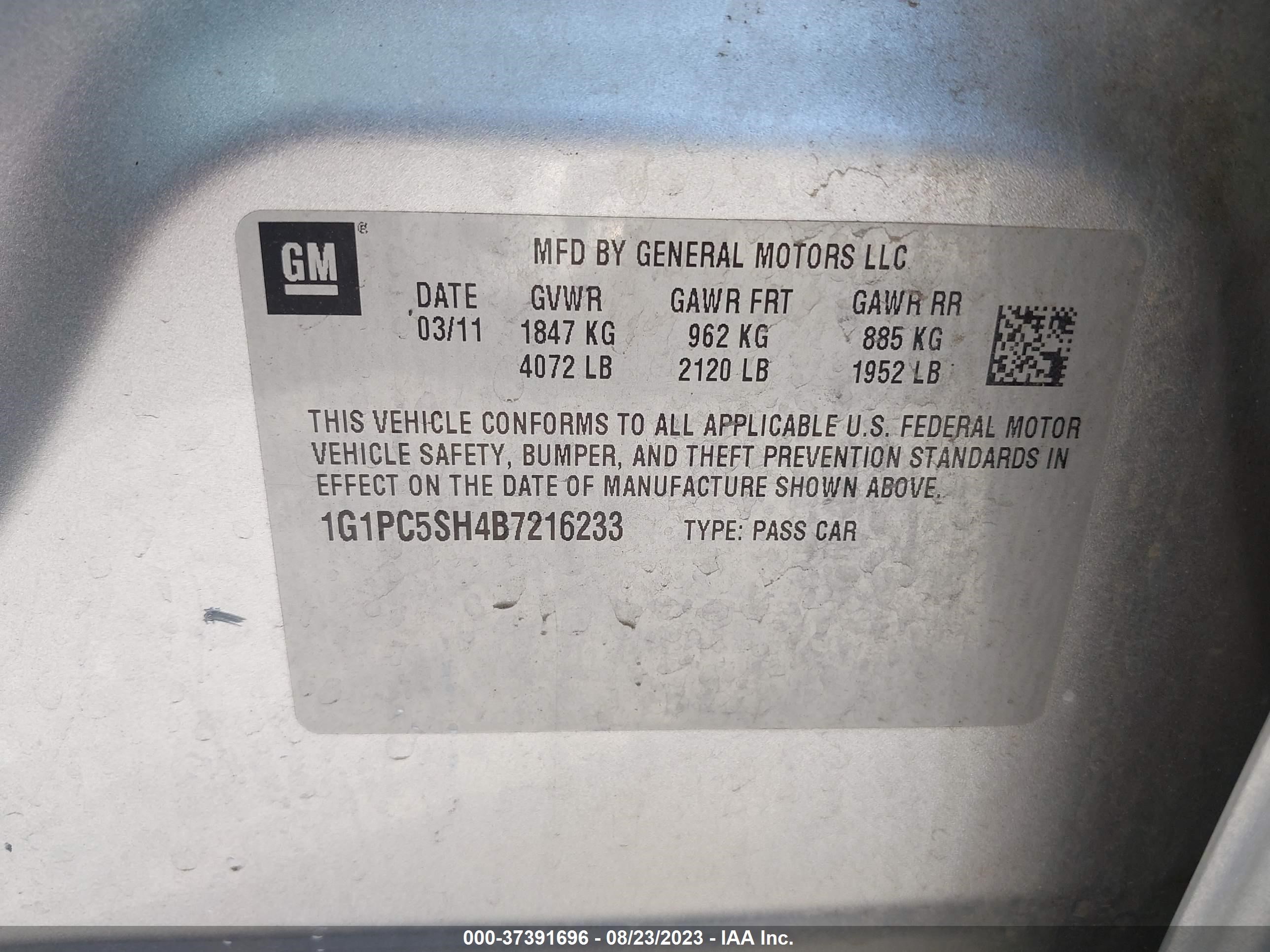 Photo 8 VIN: 1G1PC5SH4B7216233 - CHEVROLET CRUZE 