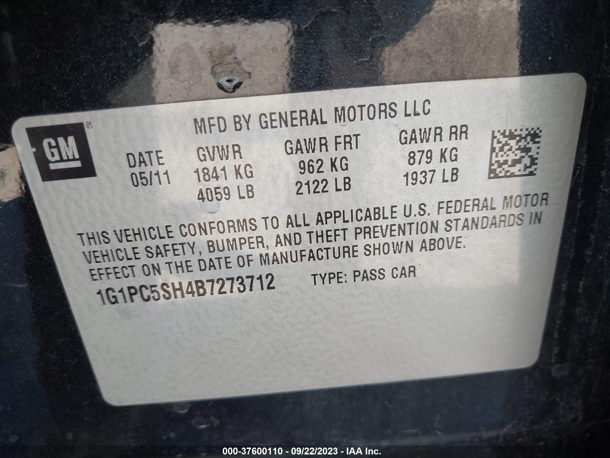 Photo 8 VIN: 1G1PC5SH4B7273712 - CHEVROLET CRUZE 