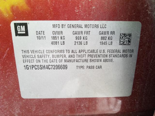 Photo 9 VIN: 1G1PC5SH4C7206609 - CHEVROLET CRUZE LS 