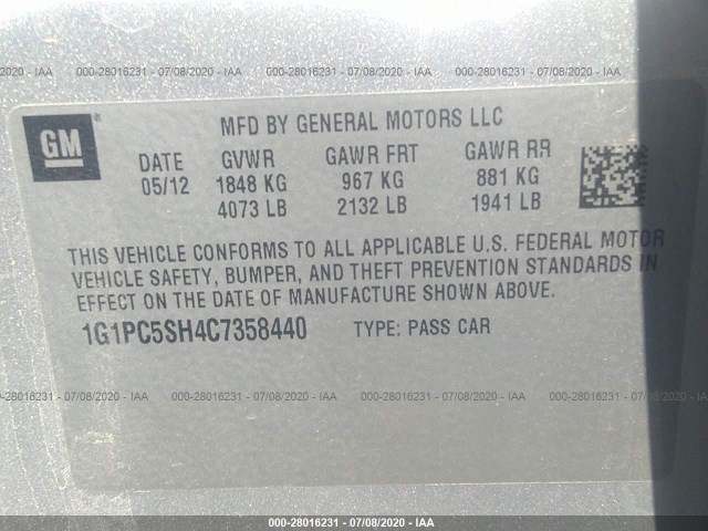 Photo 8 VIN: 1G1PC5SH4C7358440 - CHEVROLET CRUZE 