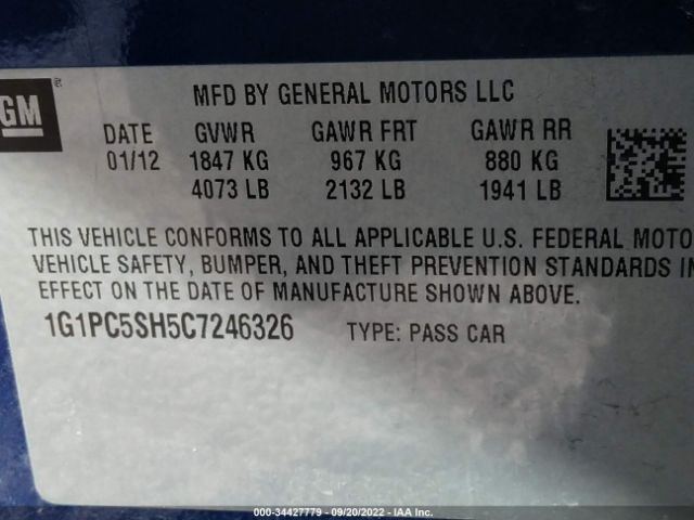 Photo 8 VIN: 1G1PC5SH5C7246326 - CHEVROLET CRUZE 