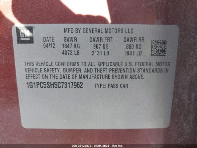 Photo 8 VIN: 1G1PC5SH5C7317962 - CHEVROLET CRUZE 