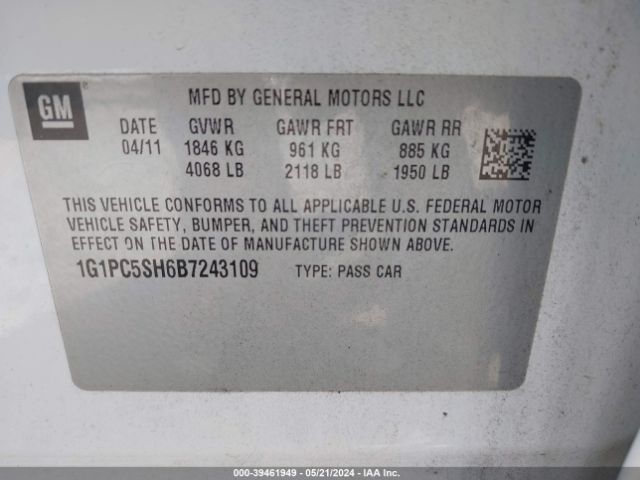 Photo 8 VIN: 1G1PC5SH6B7243109 - CHEVROLET CRUZE 