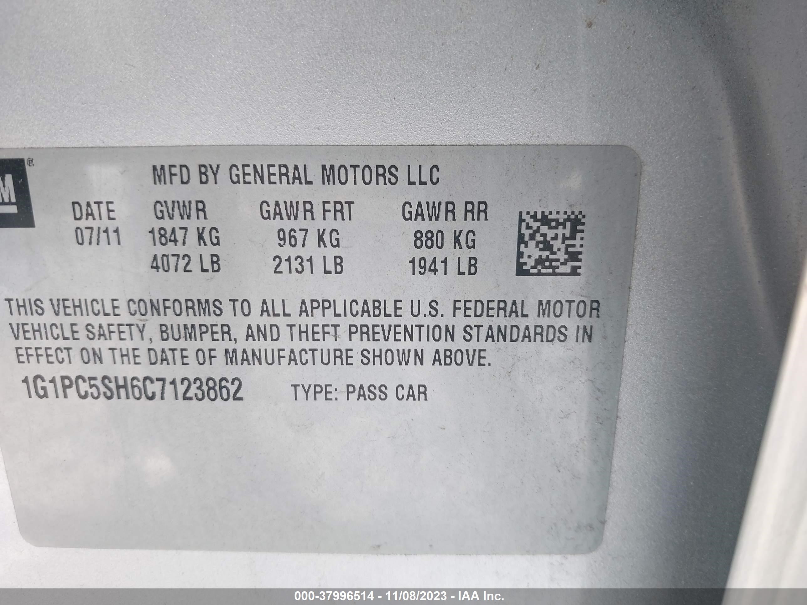 Photo 8 VIN: 1G1PC5SH6C7123862 - CHEVROLET CRUZE 