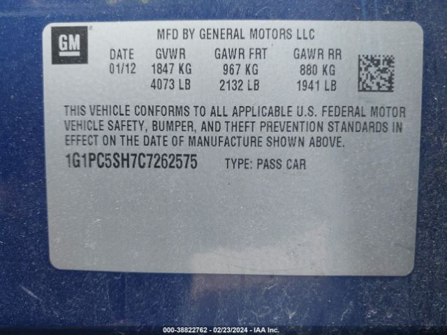 Photo 8 VIN: 1G1PC5SH7C7262575 - CHEVROLET CRUZE 