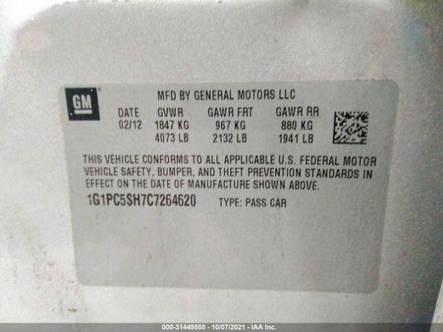 Photo 8 VIN: 1G1PC5SH7C7264620 - CHEVROLET CRUZE 