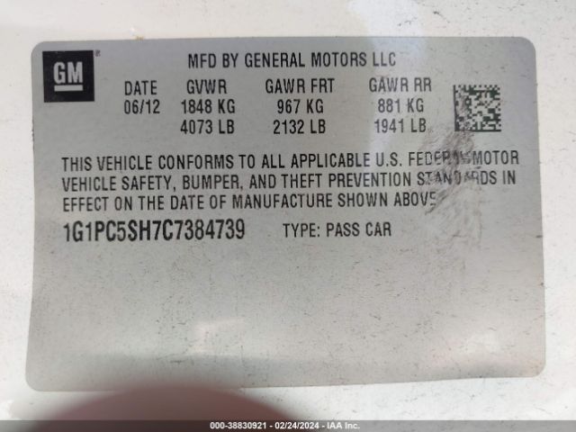 Photo 8 VIN: 1G1PC5SH7C7384739 - CHEVROLET CRUZE 