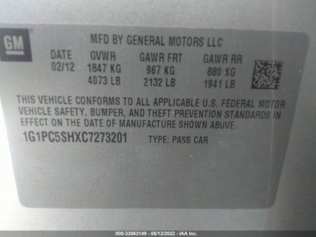 Photo 8 VIN: 1G1PC5SHXC7273201 - CHEVROLET CRUZE 