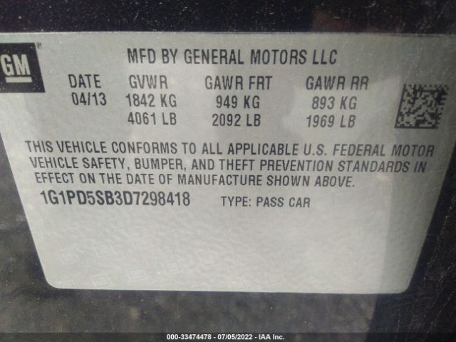 Photo 8 VIN: 1G1PD5SB3D7298418 - CHEVROLET CRUZE 