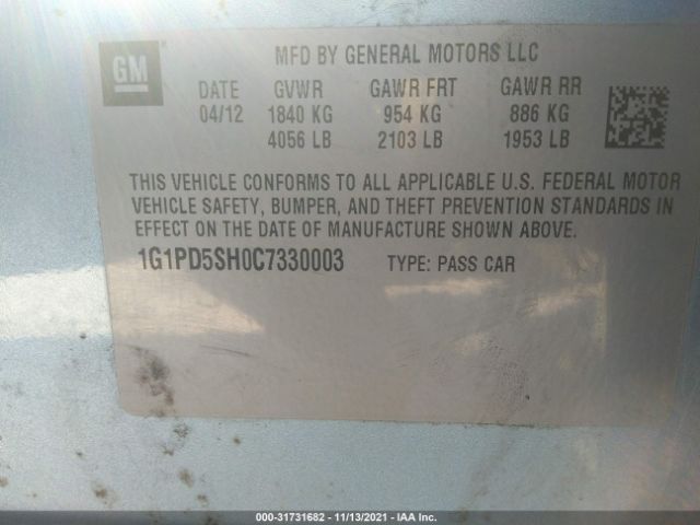 Photo 8 VIN: 1G1PD5SH0C7330003 - CHEVROLET CRUZE 