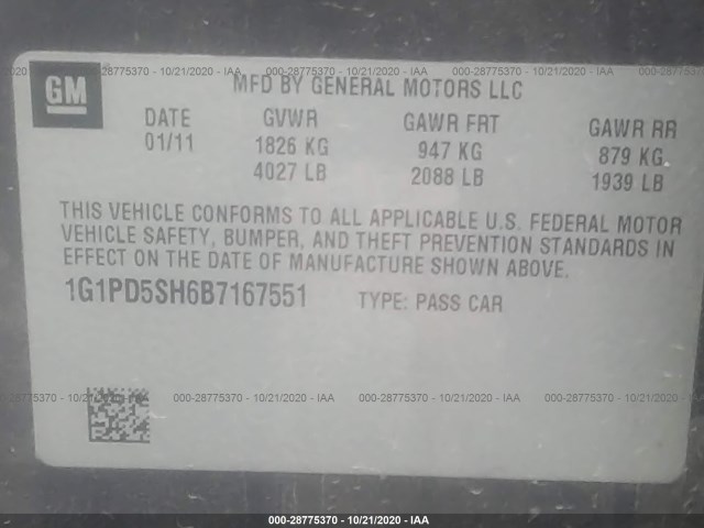 Photo 8 VIN: 1G1PD5SH6B7167551 - CHEVROLET CRUZE 