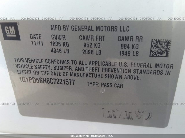 Photo 8 VIN: 1G1PD5SH8C7221577 - CHEVROLET CRUZE 