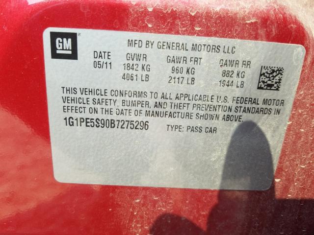 Photo 9 VIN: 1G1PE5S90B7275296 - CHEVROLET CRUZE LT 