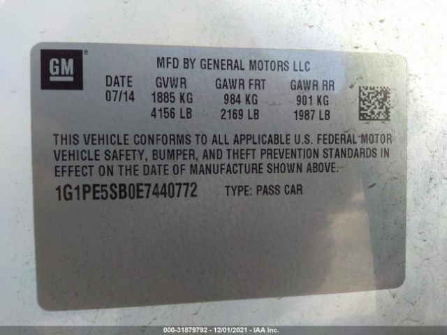 Photo 8 VIN: 1G1PE5SB0E7440772 - CHEVROLET CRUZE 