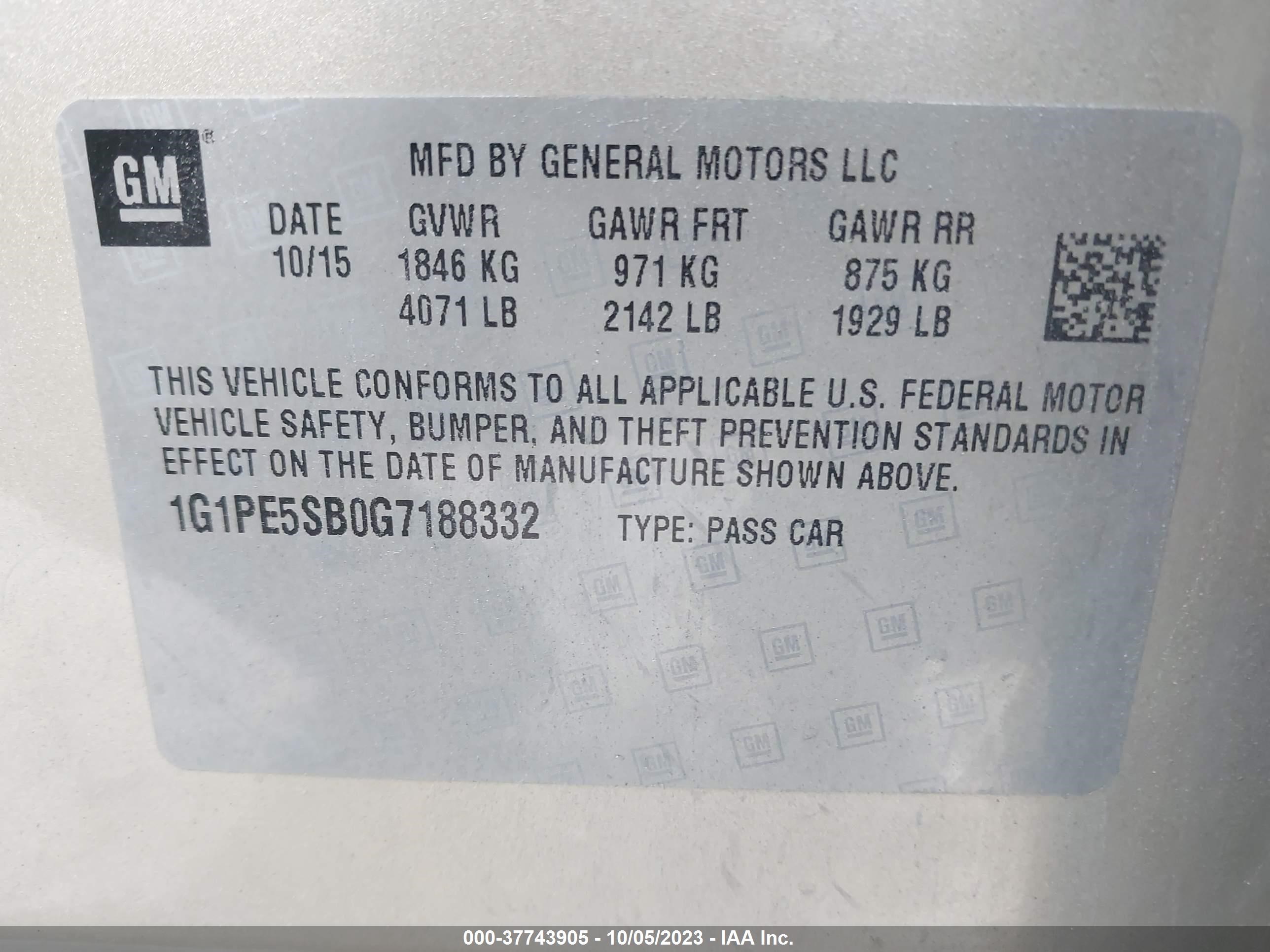 Photo 8 VIN: 1G1PE5SB0G7188332 - CHEVROLET CRUZE 