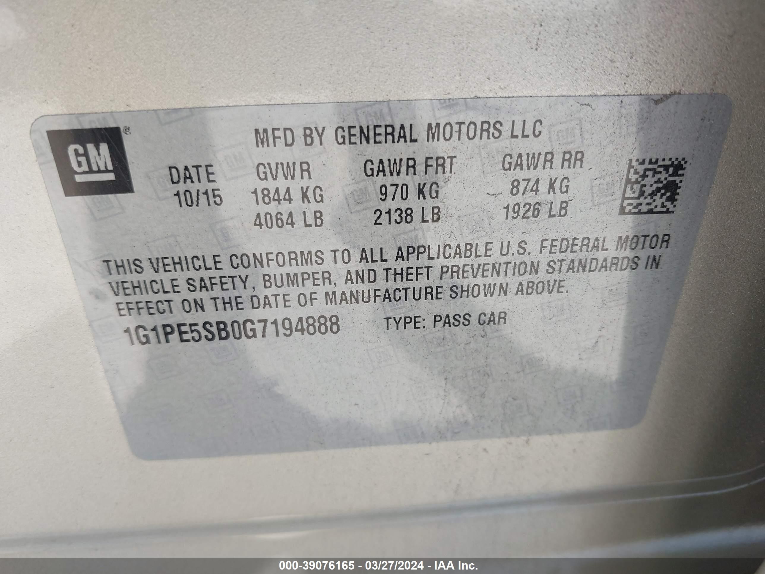 Photo 8 VIN: 1G1PE5SB0G7194888 - CHEVROLET CRUZE 