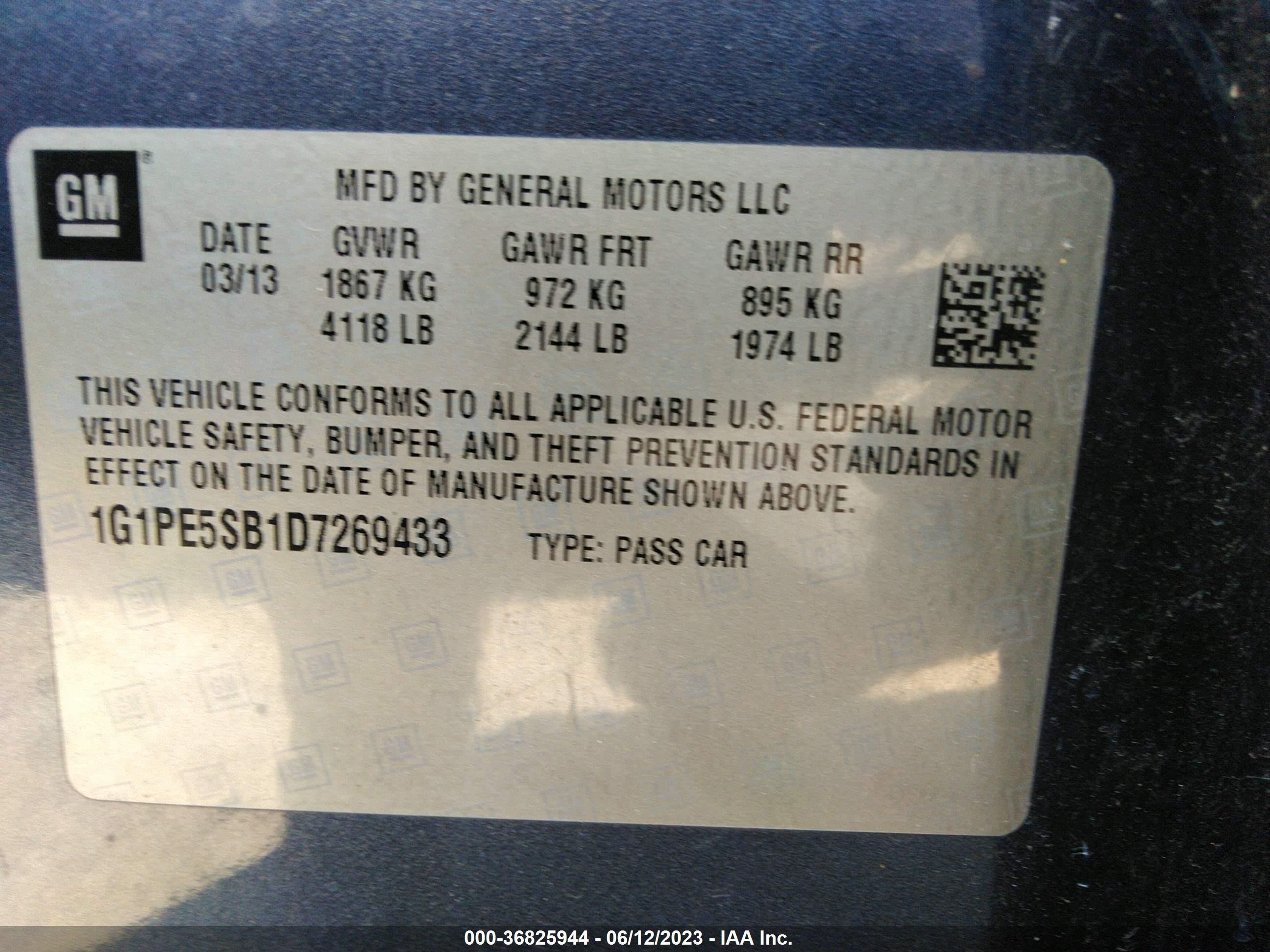 Photo 8 VIN: 1G1PE5SB1D7269433 - CHEVROLET CRUZE 