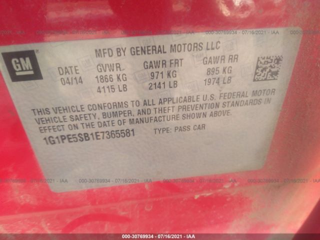 Photo 8 VIN: 1G1PE5SB1E7365581 - CHEVROLET CRUZE 