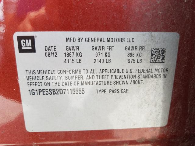 Photo 9 VIN: 1G1PE5SB2D7115555 - CHEVROLET CRUZE LT 