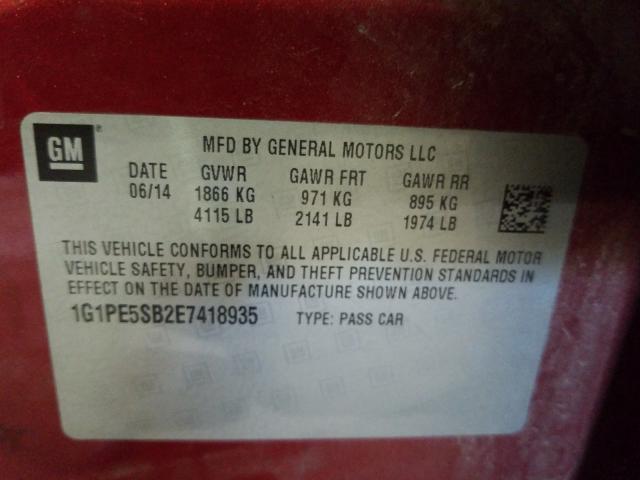 Photo 9 VIN: 1G1PE5SB2E7418935 - CHEVROLET CRUZE LT 