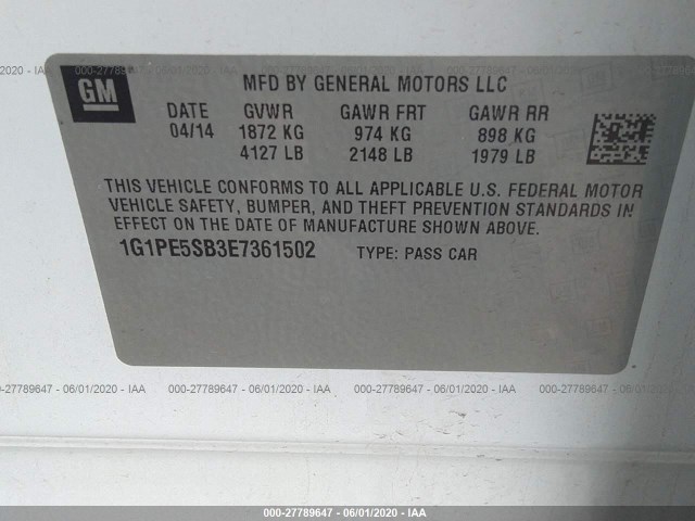 Photo 8 VIN: 1G1PE5SB3E7361502 - CHEVROLET CRUZE 