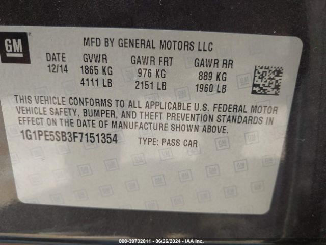 Photo 8 VIN: 1G1PE5SB3F7151354 - CHEVROLET CRUZE 