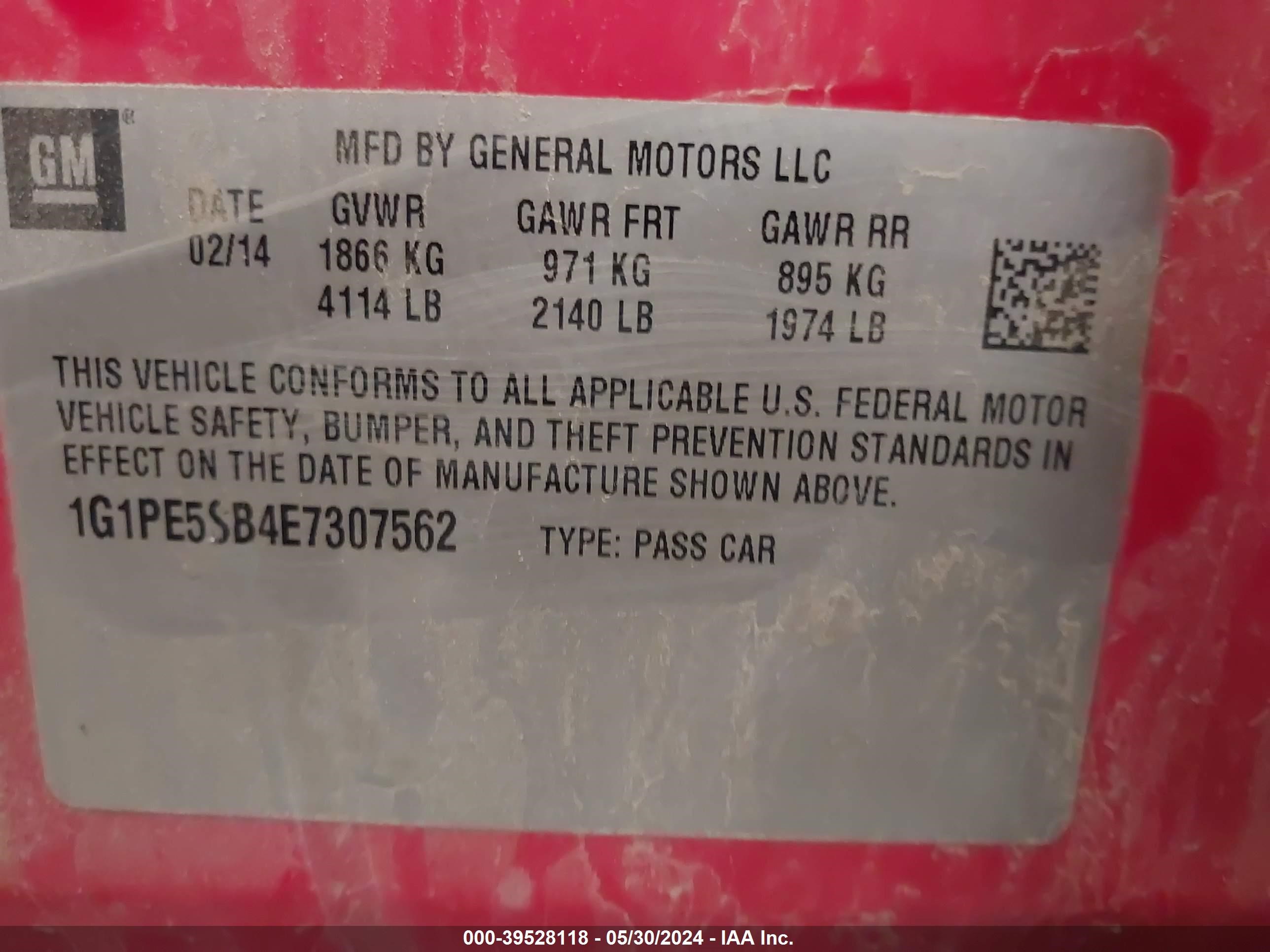 Photo 8 VIN: 1G1PE5SB4E7307562 - CHEVROLET CRUZE 