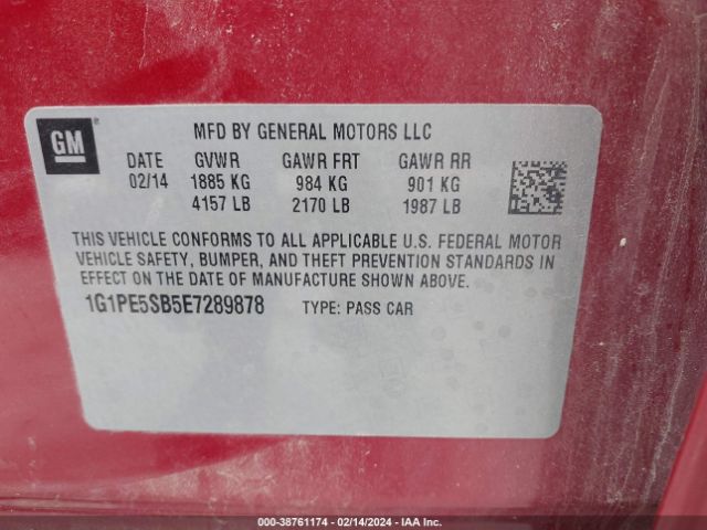 Photo 8 VIN: 1G1PE5SB5E7289878 - CHEVROLET CRUZE 