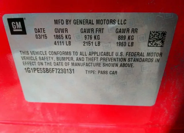 Photo 8 VIN: 1G1PE5SB6F7230131 - CHEVROLET CRUZE 