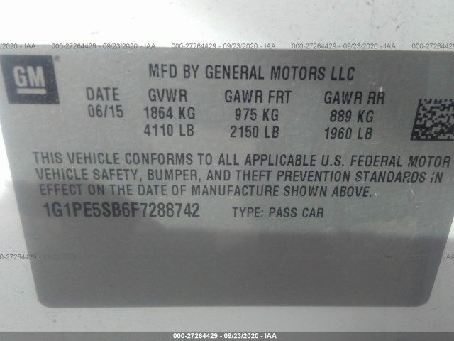 Photo 8 VIN: 1G1PE5SB6F7288742 - CHEVROLET CRUZE 