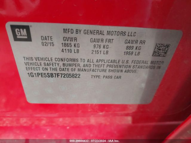 Photo 8 VIN: 1G1PE5SB7F7205822 - CHEVROLET CRUZE 