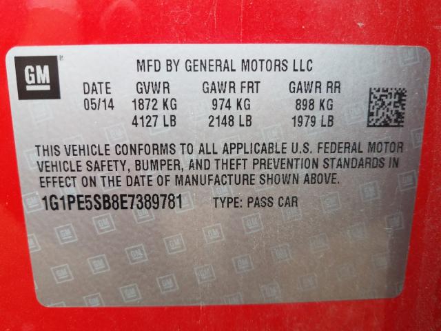 Photo 9 VIN: 1G1PE5SB8E7389781 - CHEVROLET CRUZE LT 