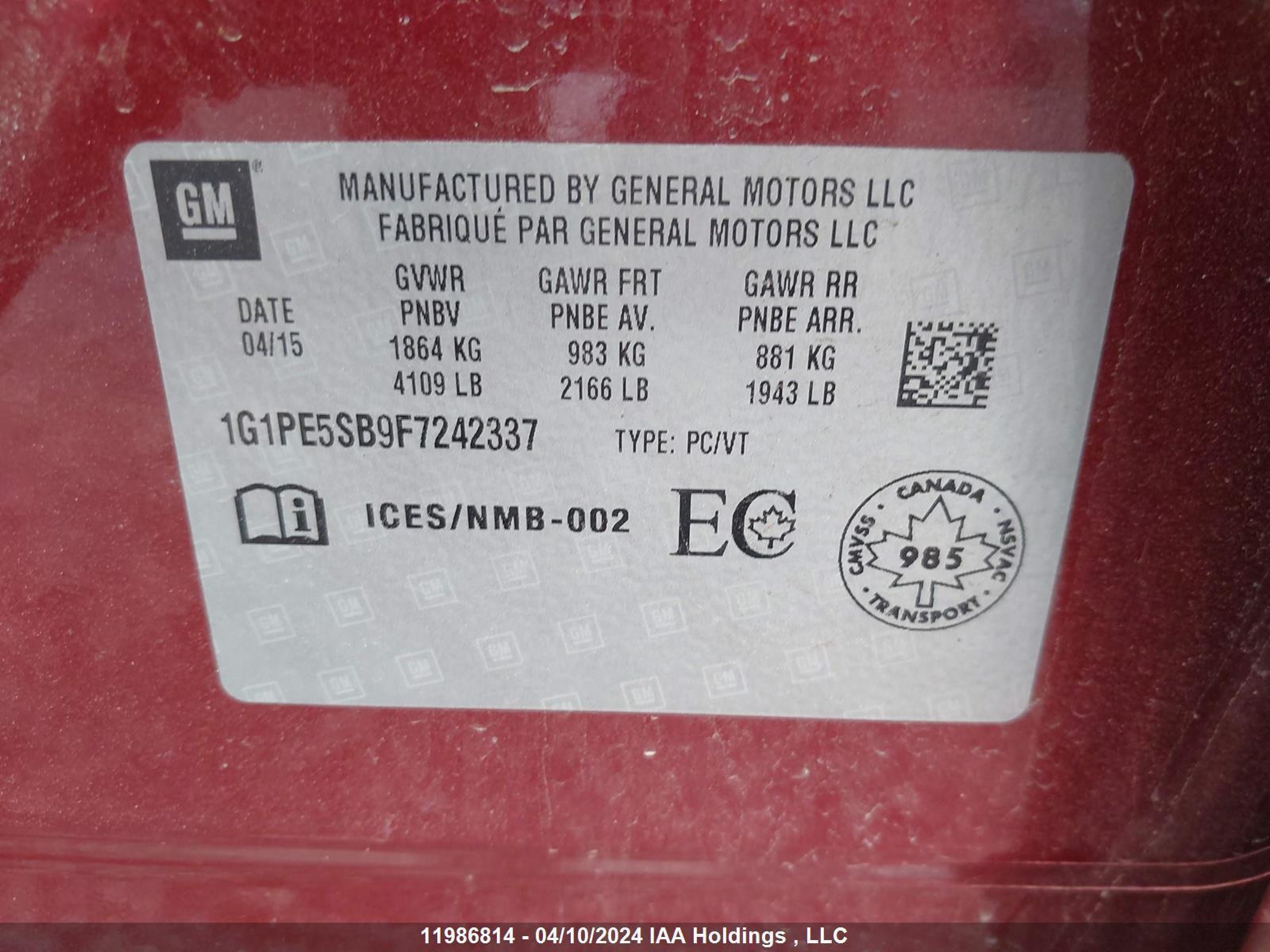 Photo 8 VIN: 1G1PE5SB9F7242337 - CHEVROLET CRUZE 