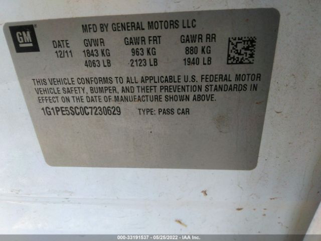 Photo 8 VIN: 1G1PE5SC0C7230629 - CHEVROLET CRUZE 