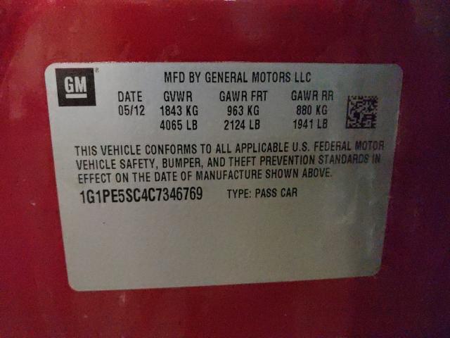 Photo 9 VIN: 1G1PE5SC4C7346769 - CHEVROLET CRUZE LT 