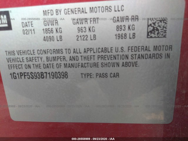 Photo 8 VIN: 1G1PF5S93B7190398 - CHEVROLET CRUZE 