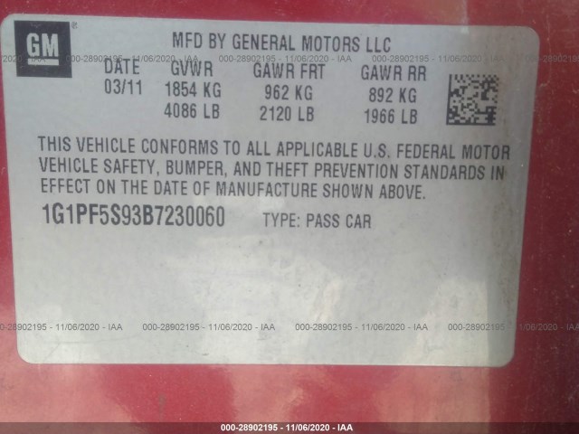 Photo 8 VIN: 1G1PF5S93B7230060 - CHEVROLET CRUZE 